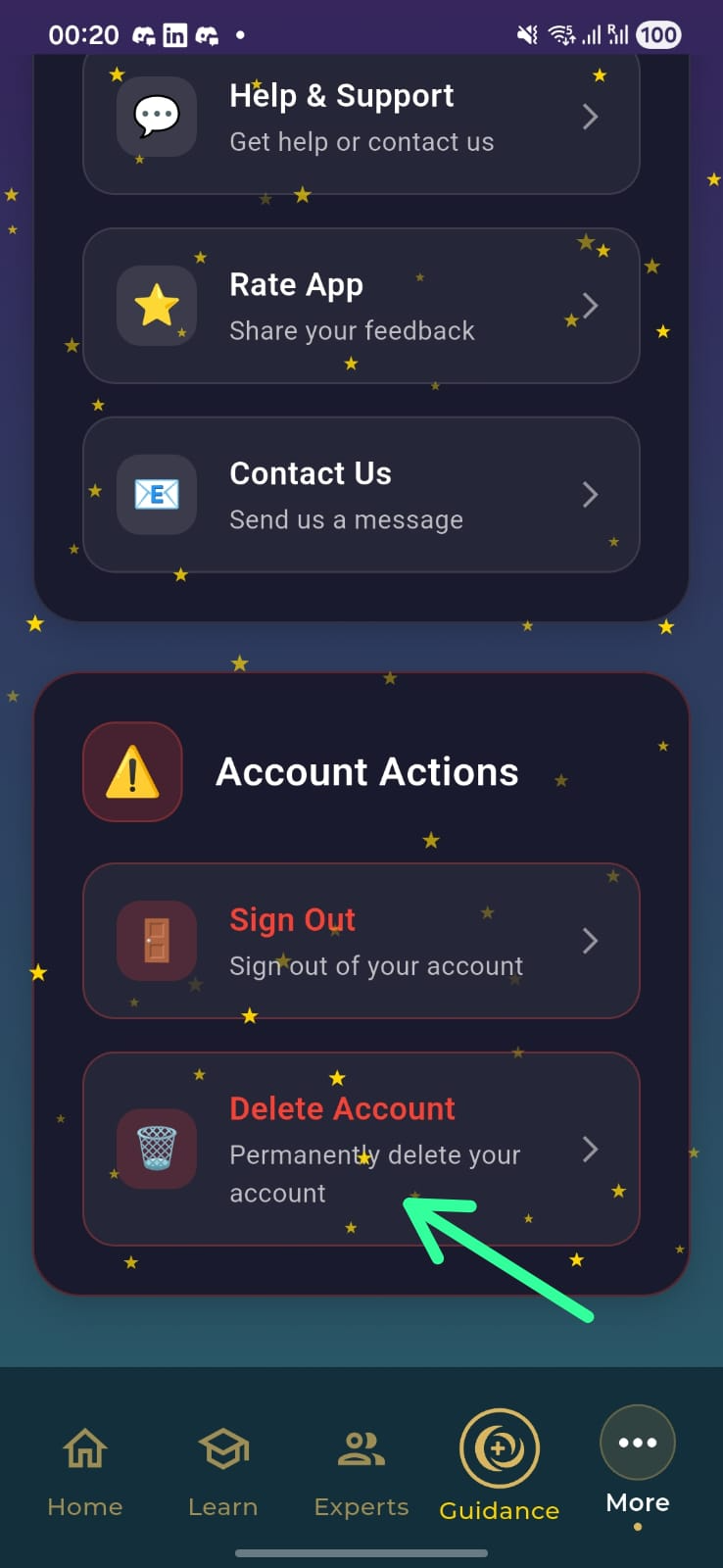 Screenshot showing the More tab and delete account option
